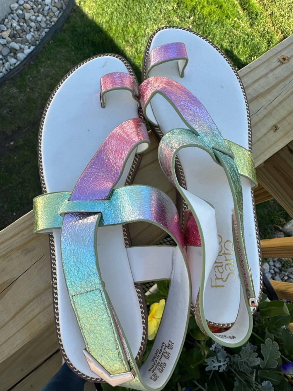 Franco Sarto Iridescent Pink, Blue & Green Hologram Slide Sandals Sz 9.5